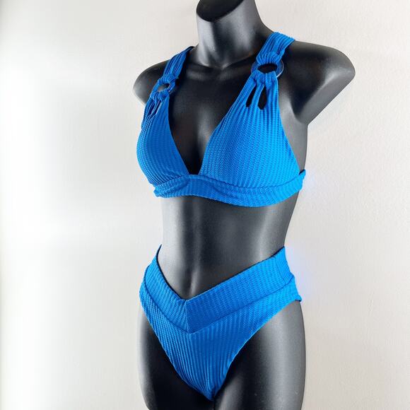 Becca Line in the Sand Ribbed Two Piece Bikini Swimsuit Royal Blue Medium - Picture 8 of 9